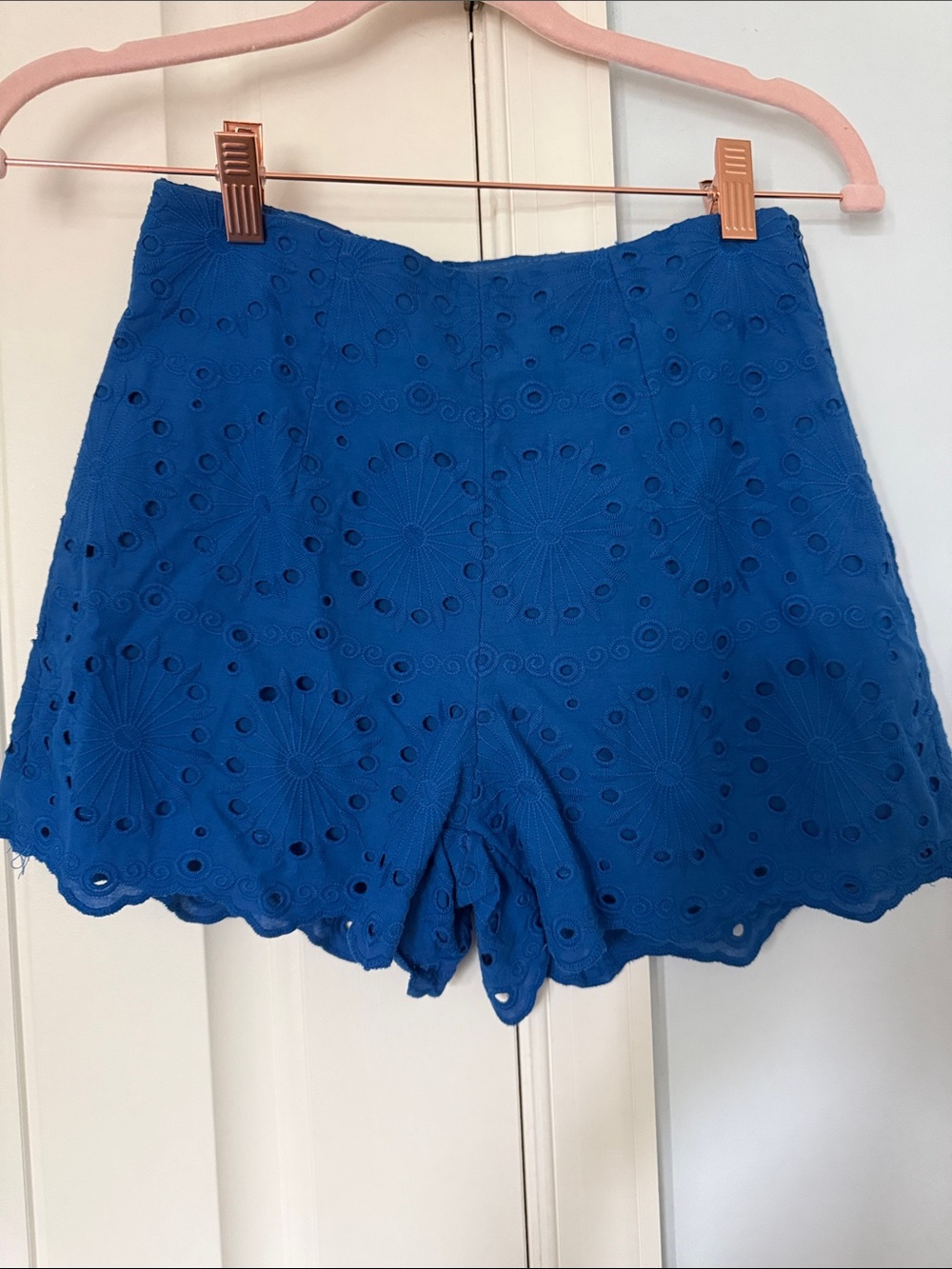 High-Waist Blue Eyelet Scallop Shorts